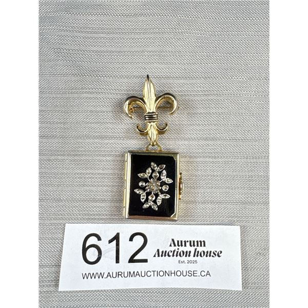 Gorgeous Antique Picture Book Locket Brooch Beauty Black Enamel Gold Plated