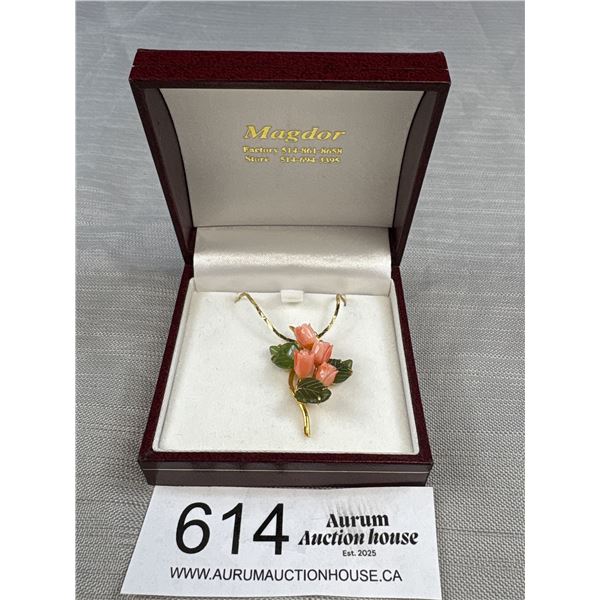 Beautifully Hand Carved Genuine Coral + Jade Gold Necklace Vintage