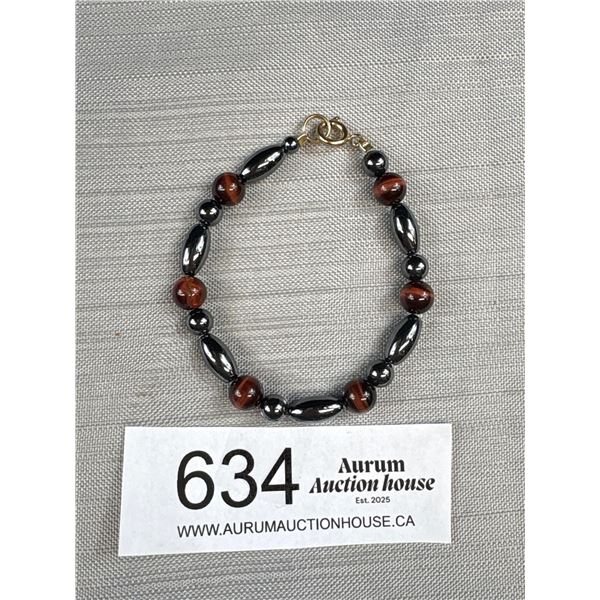 Vintage Black Alaskan Diamond + Tigereye Beads Bracelets, Clasp Marked 1/20 14K G.F.