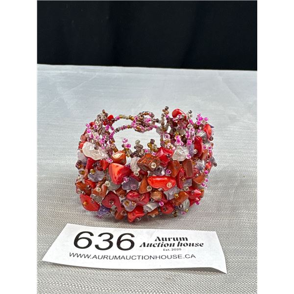 Natural Red Coral + Rose Quartz Stone Bracelet