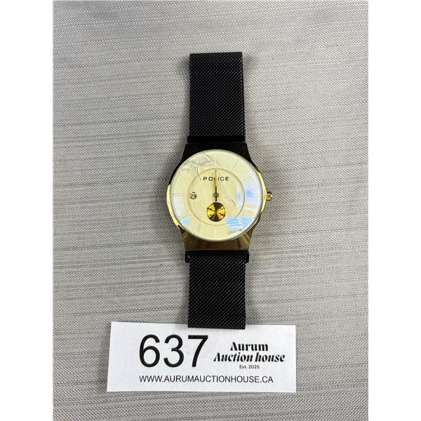 Police Quartz Watch, Small Second Dial, Date, Battery Required, Crystal Crack, As Is.