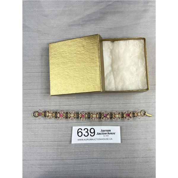 Antique Flower Pearl Rhinestone Bracelet Designer Signed TRIAD C.1940's