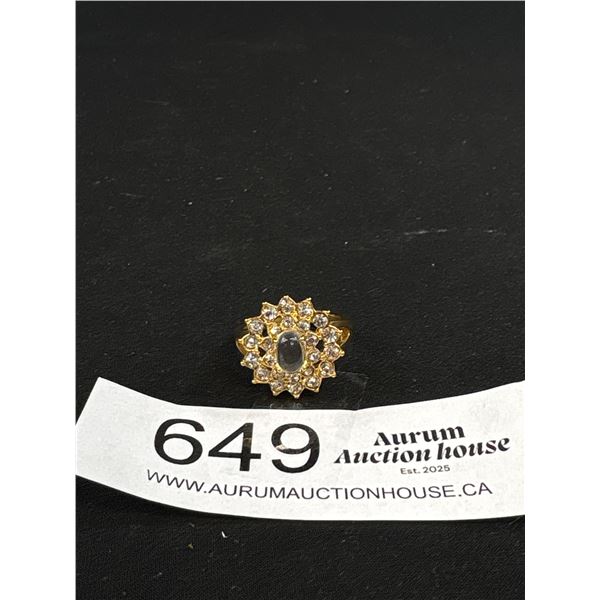 Vintage Gold Plate Moonstone Cabochon Ring with Faux Diamonds Stunning!