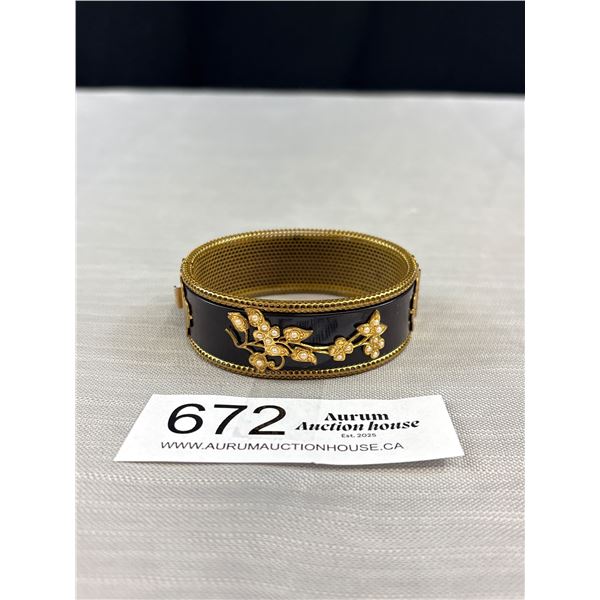 Antique Enameled w/ Seed Pearls Hinged Bangle