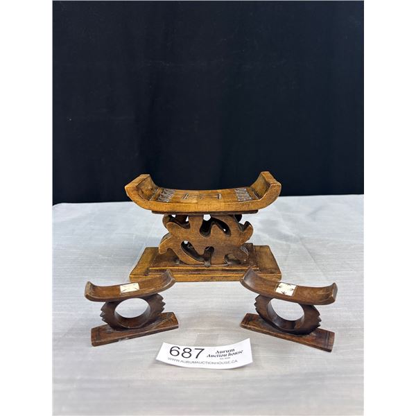 Lot of 3 Hand Carved Miniature African Headrests Ashanti Stool