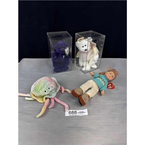 Lot of 4 Plush TY toys 2 Beanie Babies in Museum Cases