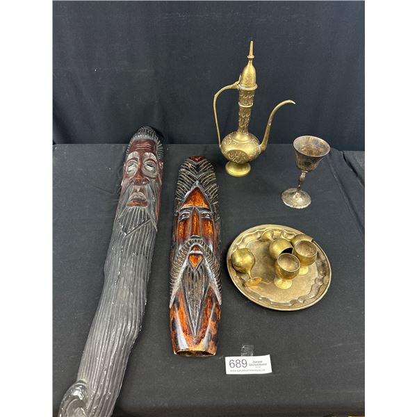 Lot of 2 Wooden Carved Faces + Brass Teapot and Cups