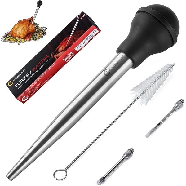 Lot of 2 JY Cookment Stainless Steel Turkey Basters/Syringes for Cooking with Cleaning Brush - New