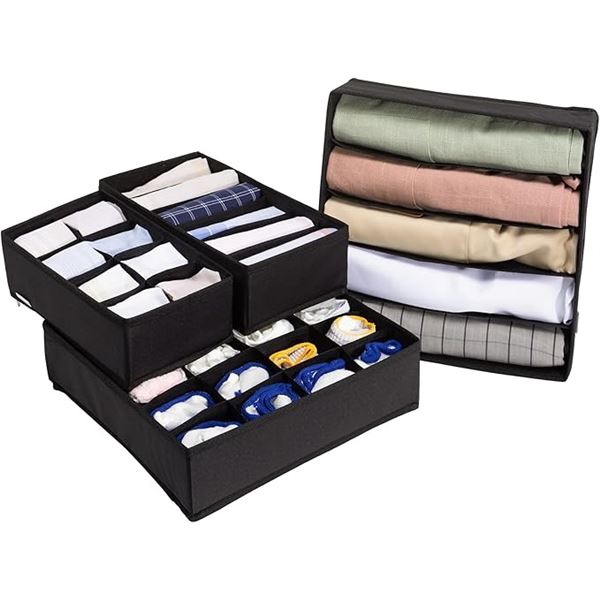 Navaris Set of 4 Storage Boxes/Organizer Boxes for Clothes Drawers (Black) Collapsible Design - New