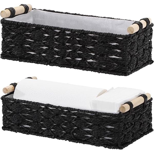Navaris 2-Pack Natural Paper Rope Storage Baskets with Wooden Handles - Black - New in Box