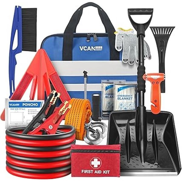 86PC Car Emergency Roadside Kit with Jumper Cables, First Aid Kit, Snow Shovel - Brand New!