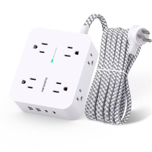 Surge Protector/Multi-Outlet Power Bar - 8 Outlets & 4 USB Ports; 5Ft Braided Extension Cord - New