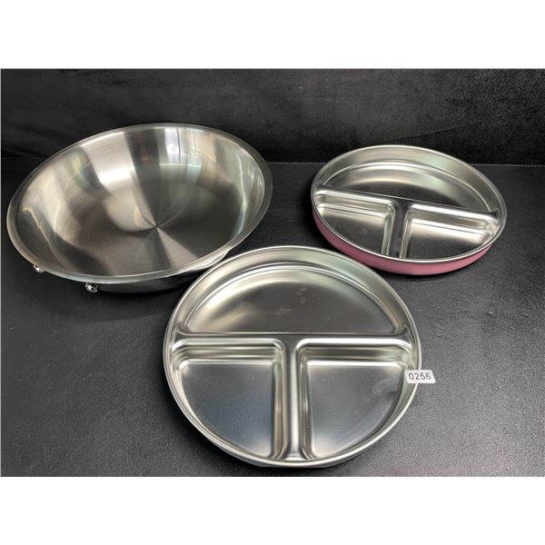 Set of 3 Metal Dishes/Divided Serving Trays with Silicone Bottom - New