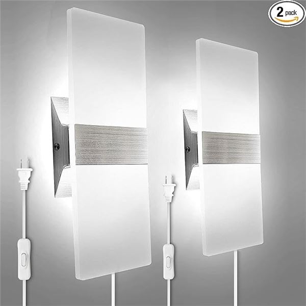 2-Pack Kicaao Modern Acrylic Wall Lights; 10W 6000K Cool White w/ 6FT Plug-In Cord - New