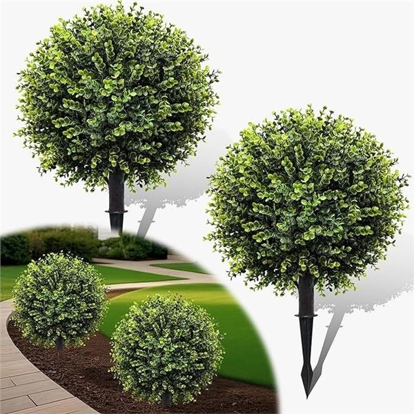 Set of 2 Artificial Topiary Ball Trees/Decorative Bush Plants with Lawn Spikes for Outdoors - New