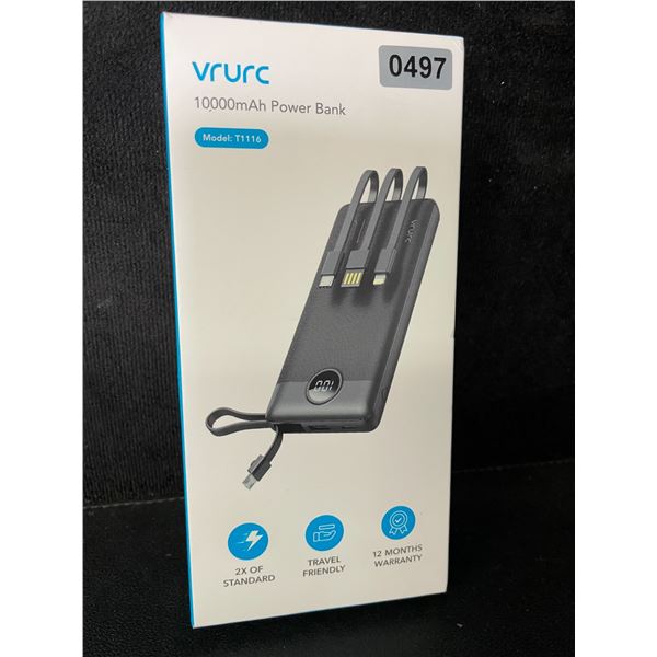VRURC 10,000mAh Power Bank/Portable Charger with Built-In Charging Cables - New