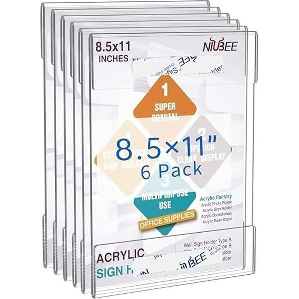 Niubee 6-Pack Acrylic Sign Holders (8.5" x 11") Wall Mount/Self-Adhesive Design - New