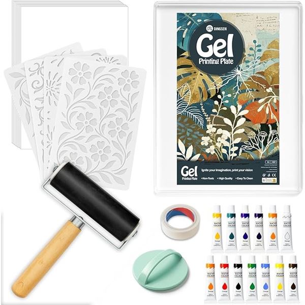 Gel Printing Plate Kit - Complete Printmaking Art Set w/ Paints/Tools for Gel Plate Printing - New