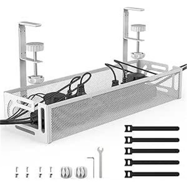 Under-Desk Cable Management Tray - Metal Mesh Clamp Cable Tray (White) No Drilling! - New