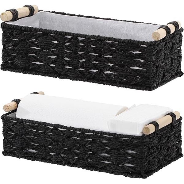 Navaris 2-Pack Natural Paper Rope Storage Baskets with Wooden Handles - Black - New in Box
