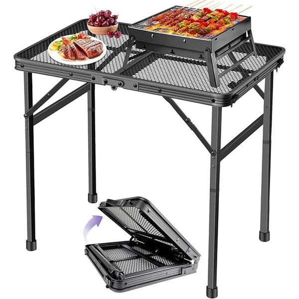 Folding Grill Table/Mini Camping Table with Mesh Top & Adjustable Height - New in Box!