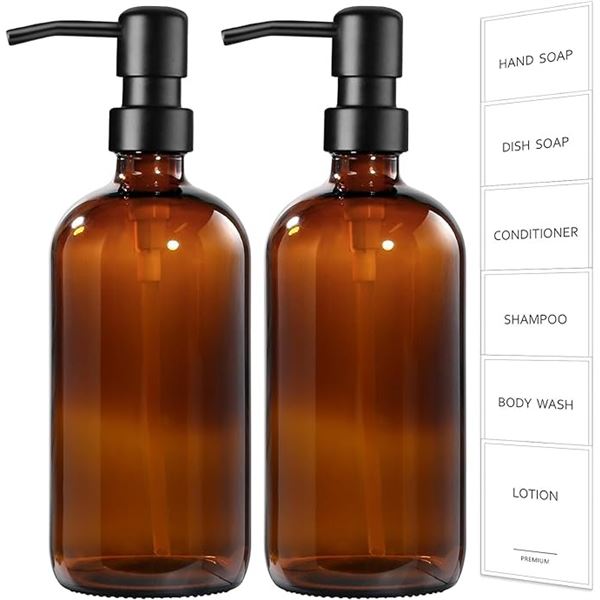 2-Pack Amber Glass Soap Dispensers (17oz) with Rustproof Pump & Labels - New