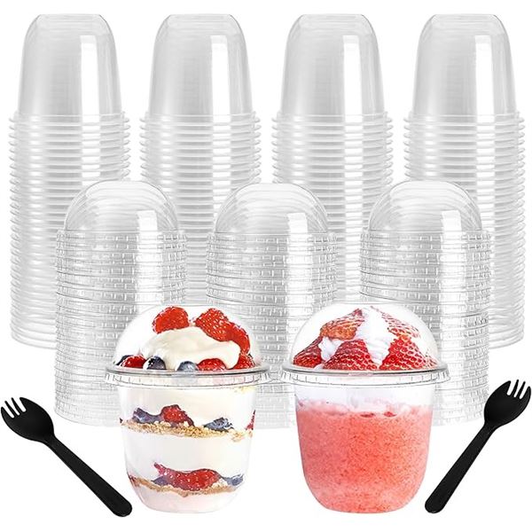 100-Pack Clear Desert Cups with Dome Lids & Sporks (12oz) Plastic Parfait Cups/Ice Cream Cups - New