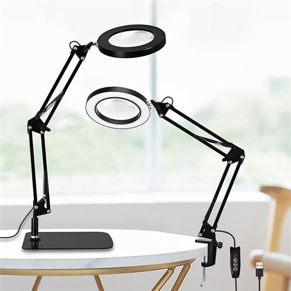 1 Magnifying Desk Lamp (5X/10X Mag) with Stand & Clamp; 3 Color Modes/Adjustable Brightness - New