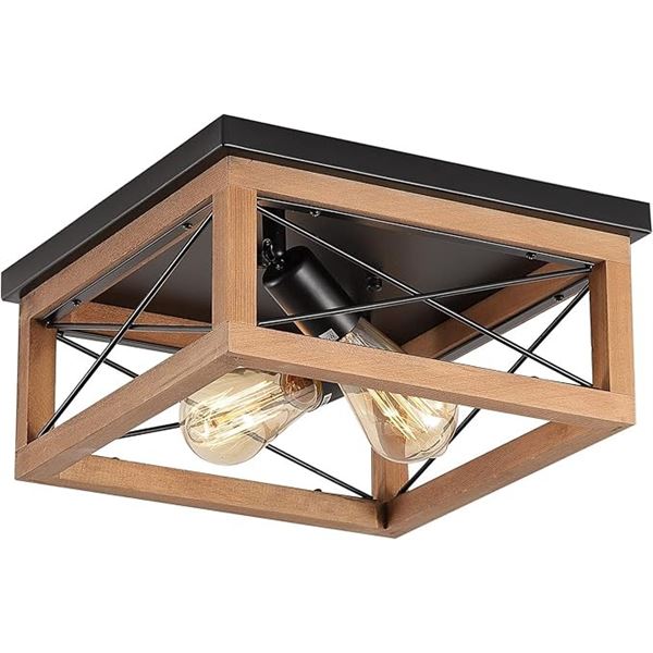 Nomita Rustic Farmhouse Flush Mount Light fixture - Oak Wood/Black Metal 2-Light Design - New