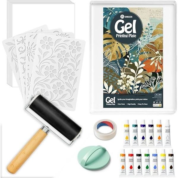 Gel Printing Plate Kit - Complete Printmaking Art Set w/ Paints/Tools for Gel Plate Printing - New