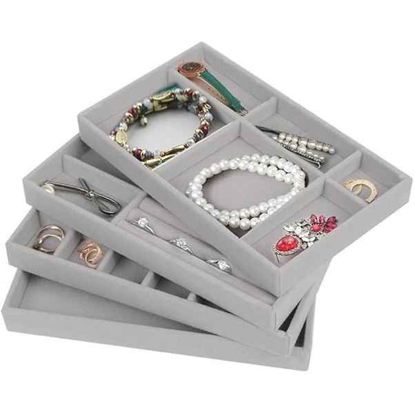4-Pack of Jewelry Organizer Trays - Stackable Velvet Jewelry Trays for Earrings/Rings/Necklaces; New