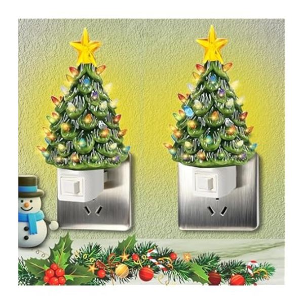 2-Pack of Ceramic Christmas Tree Plug-In Outlet Night Lights for Holiday Decor - New