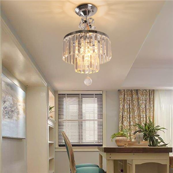 Modern Crystal 2-Tier Chandelier; Chrome Flush-Mount Hanging Ceiling Light - New in Box