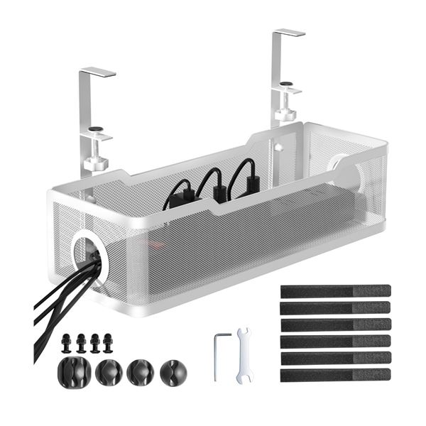 Under-Desk Cable Management Tray - Metal Mesh Clamp Cable Tray (White) No Drilling! - New