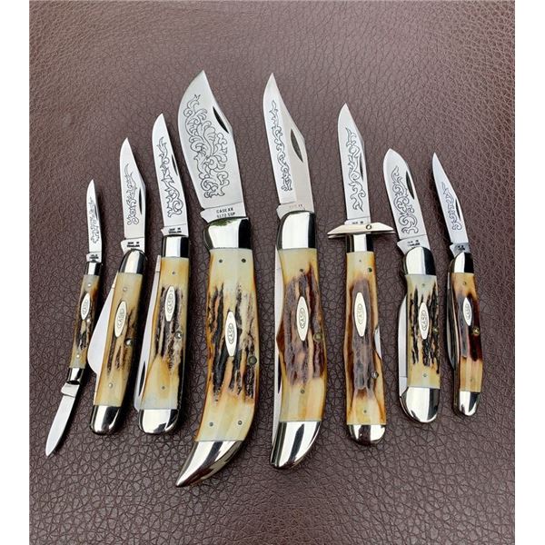 1977 Case XX Blue Scroll Stag Pocket Knife Set