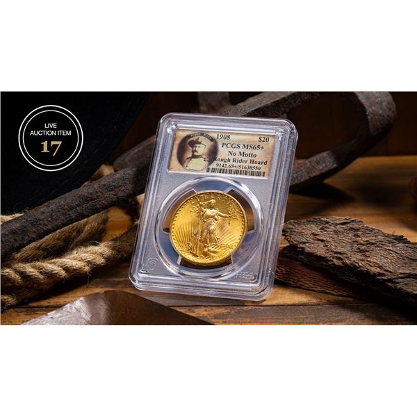 1908 ST. GAUDENS “NO MOTTO” ROUGH RIDER HOARD GOLD DOUBLE EAGLE