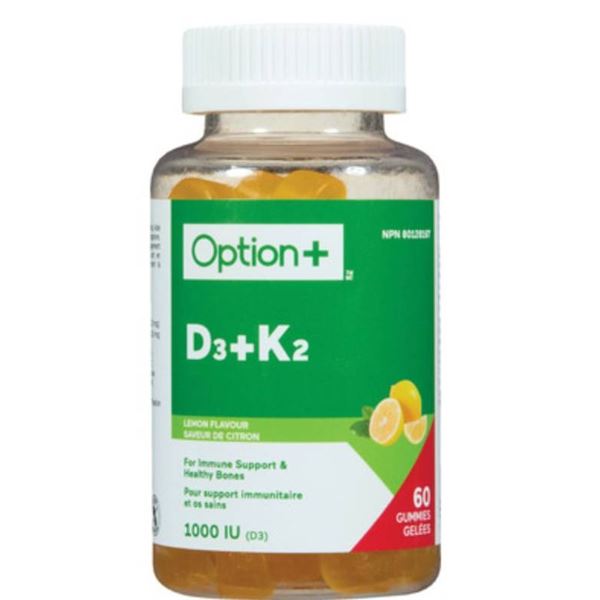 Lot of 2 Option+ D3+K2 1000 IU Gummies, Lemon Flavor, 60 Gummies