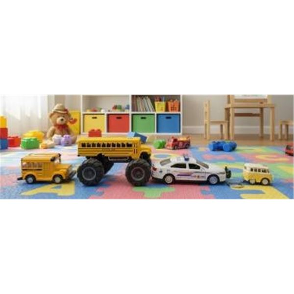 Die-Cast Toy Vehicles Including Truck, School Buses, Police Car, and Mini Van
