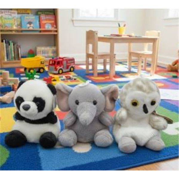 3 Palm Pals Plush Toys: Panda, Elephant, Owl