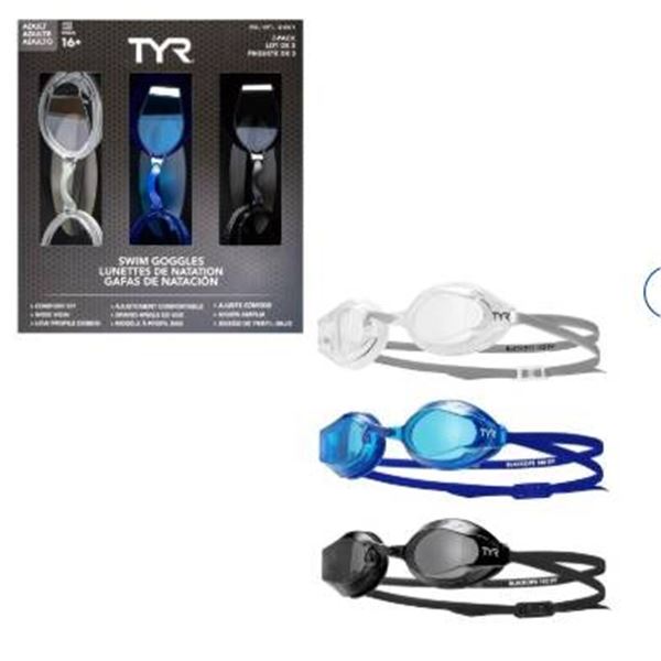 TYR Swim Goggles 3-Pack for Adults, Model LGT, Age 16+