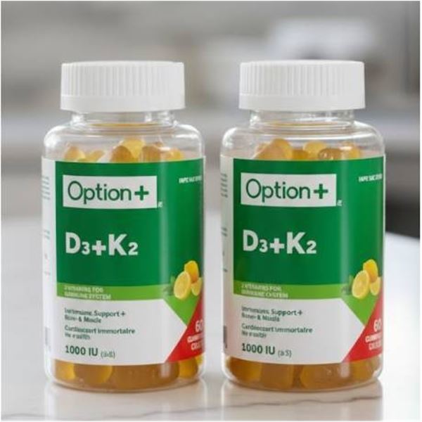 Lot of 2 bottles – Option+ D3+K2 1000 IU Gummies, Lemon Flavor, 60 Gummies