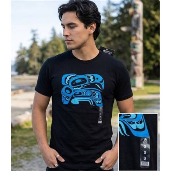Native Northwest Indigenous Art T-Shirt – Size Small – Black with Blue Design