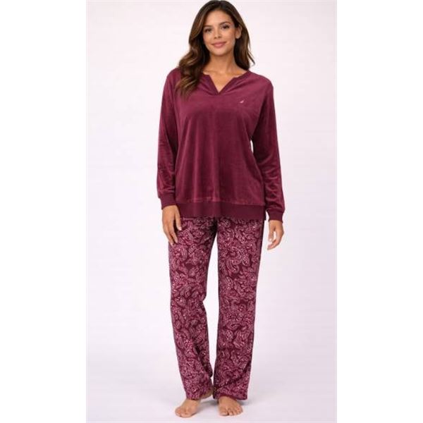 Nautica Women’s Two-Piece Sleepwear Set, Size M, Maroon and Patterned Pants