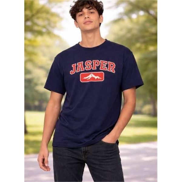 Blue Short-Sleeve T-Shirt with Jasper Text and Mountain Graphic