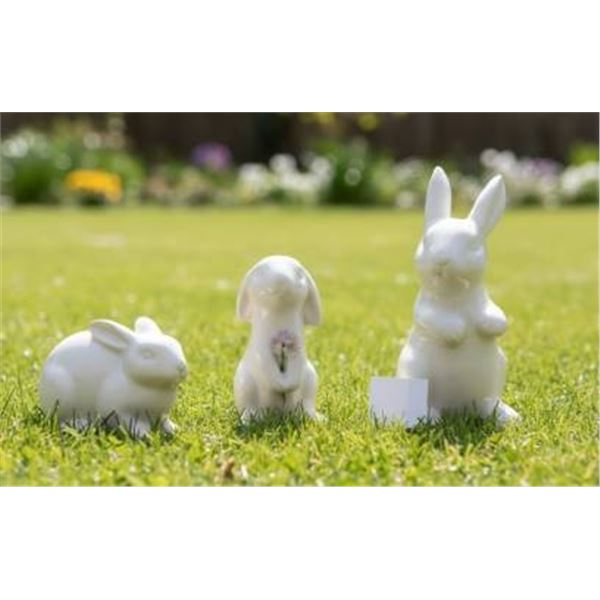 Three White Ceramic Animal Figurines Featuring Rabbits and a Dog