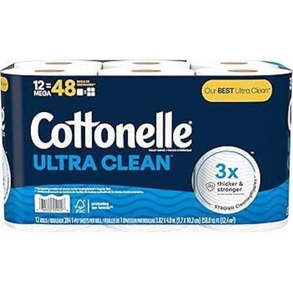 Cottonelle Ultra Clean Toilet Paper, 12 Mega Rolls, 3-Ply Design
