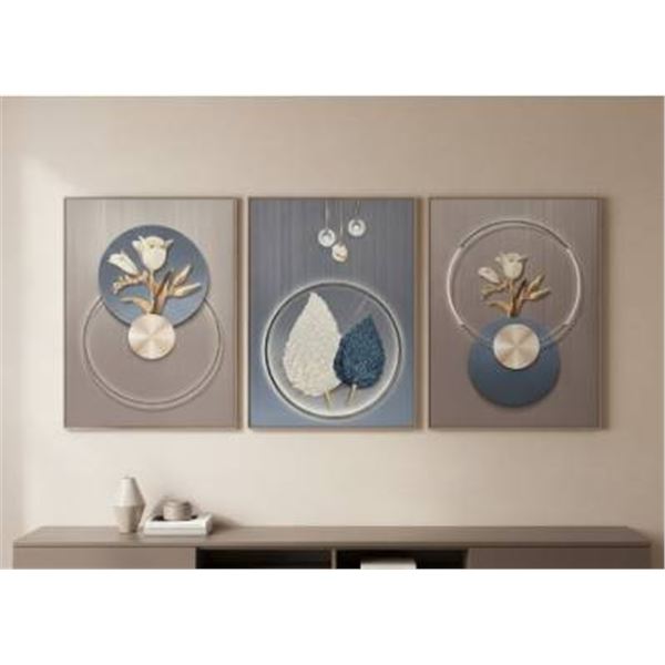 3 Abstract Flower Wall Art Panels with Wooden Frames, Model X004FFMELZ