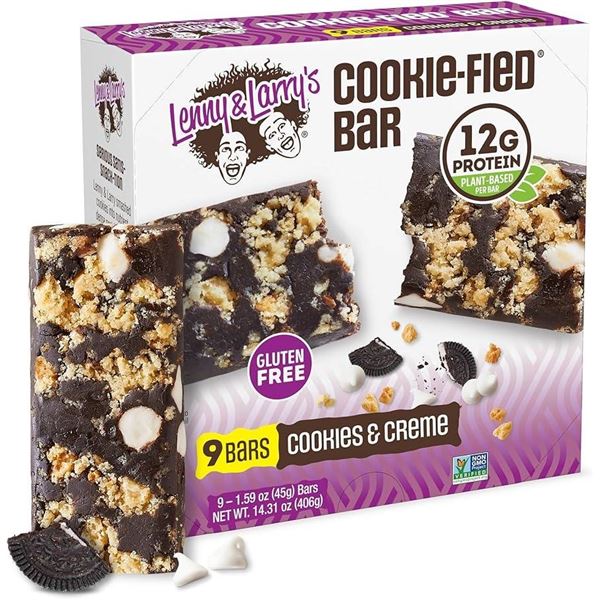 Lot of 3 – Lenny & Larry’s Cookie-fied Bar, Cookies & Creme, 9 Bars, 12g Protein E