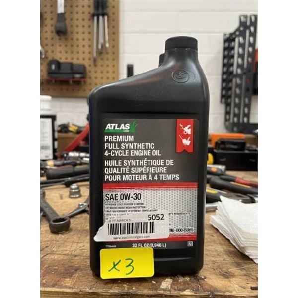 Atlas SAE 0W-30 Premium Full Synthetic 4-Cycle Engine Oil, 32 fl oz, Lot of 3