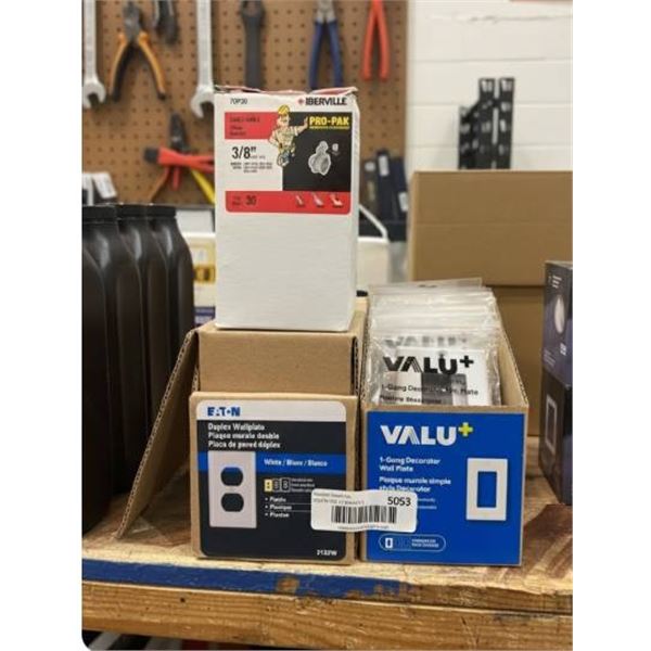 Electrical Wall Plates and Cable Fittings Lot with Iberville, Valu+, and Eaton Components